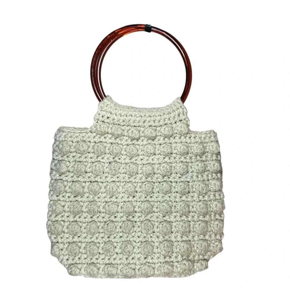 Vintage Macrame BoHo Crochet Handmade Beige Handbag Brown‎ Pastic Loop Handles